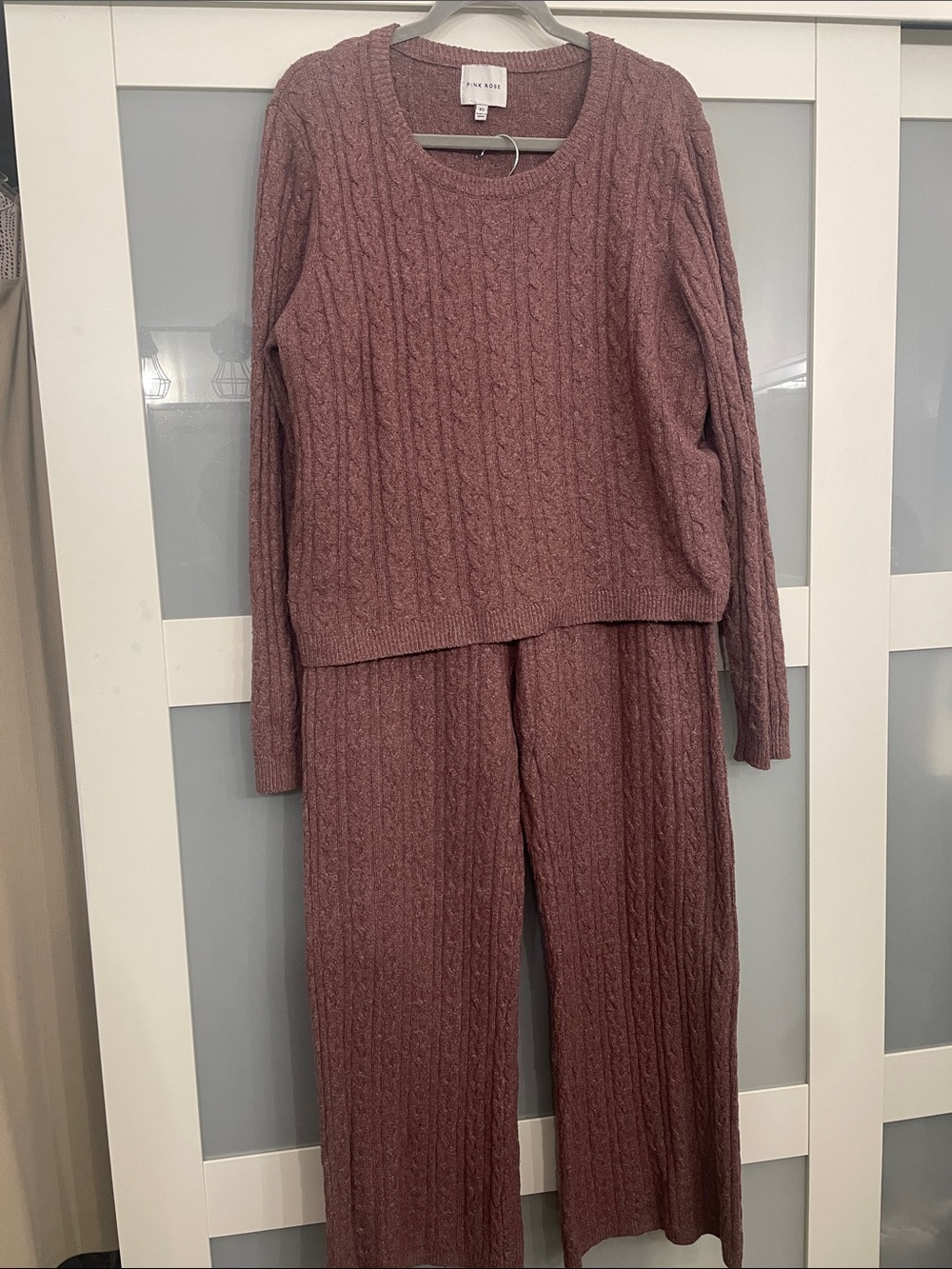 Pink Rose Mauve Cable-Knit Lounge Set - Sweater & Wide-Leg Pants
